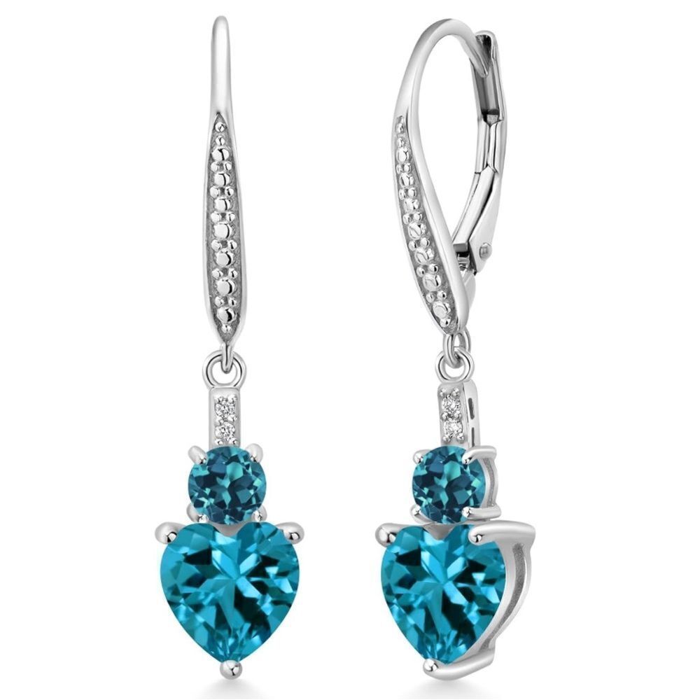 925 Sterling Silver with 3.89 Cttw London Blue Topaz and Diamond Heart Earrings